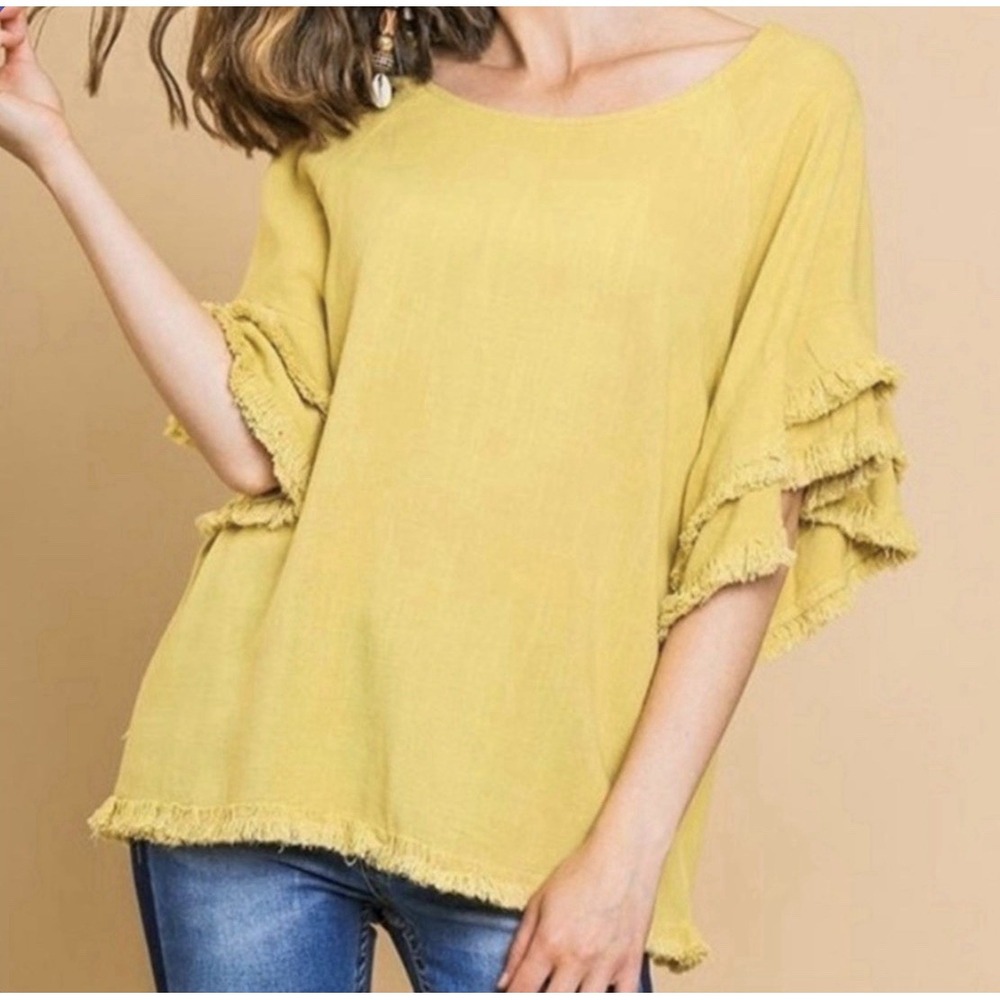 Umgee Linen Blend Butter Yellow Blouse Fringe Hem Tiered Sleeve Sz Large Boho